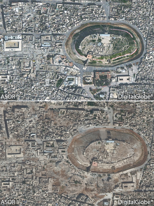 An image of part of the World Heritage Site of Aleppo showing the area around the citadel from March 2012 (above) and after years of raging conflict.